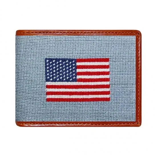 American Flag Needlepoint Bi-Fold Wallet- Antique Blue