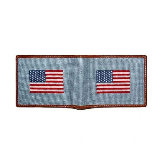 American Flag Needlepoint Bi-Fold Wallet- Antique Blue