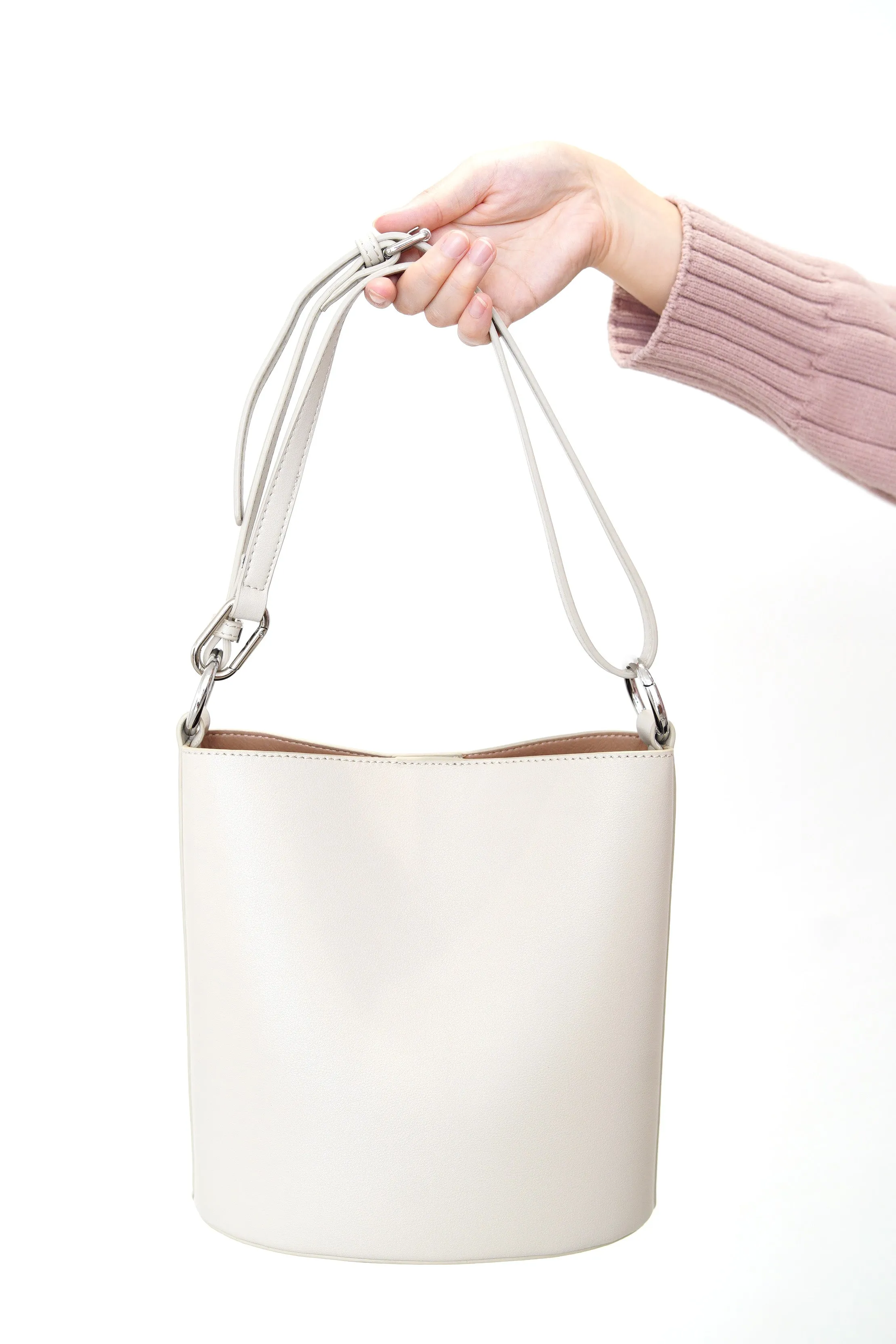 Grey leather bucket bag in 3 ways