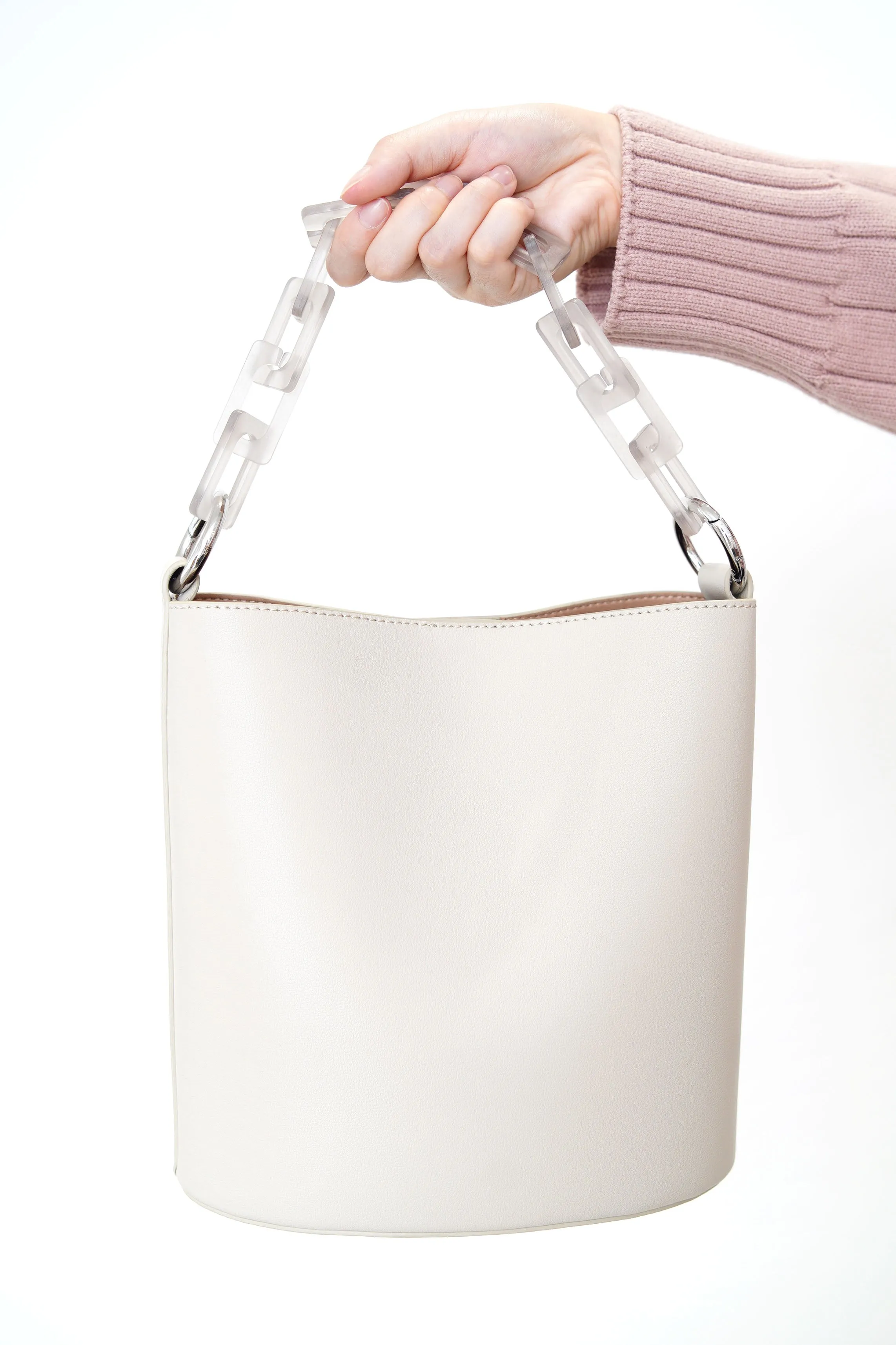 Grey leather bucket bag in 3 ways