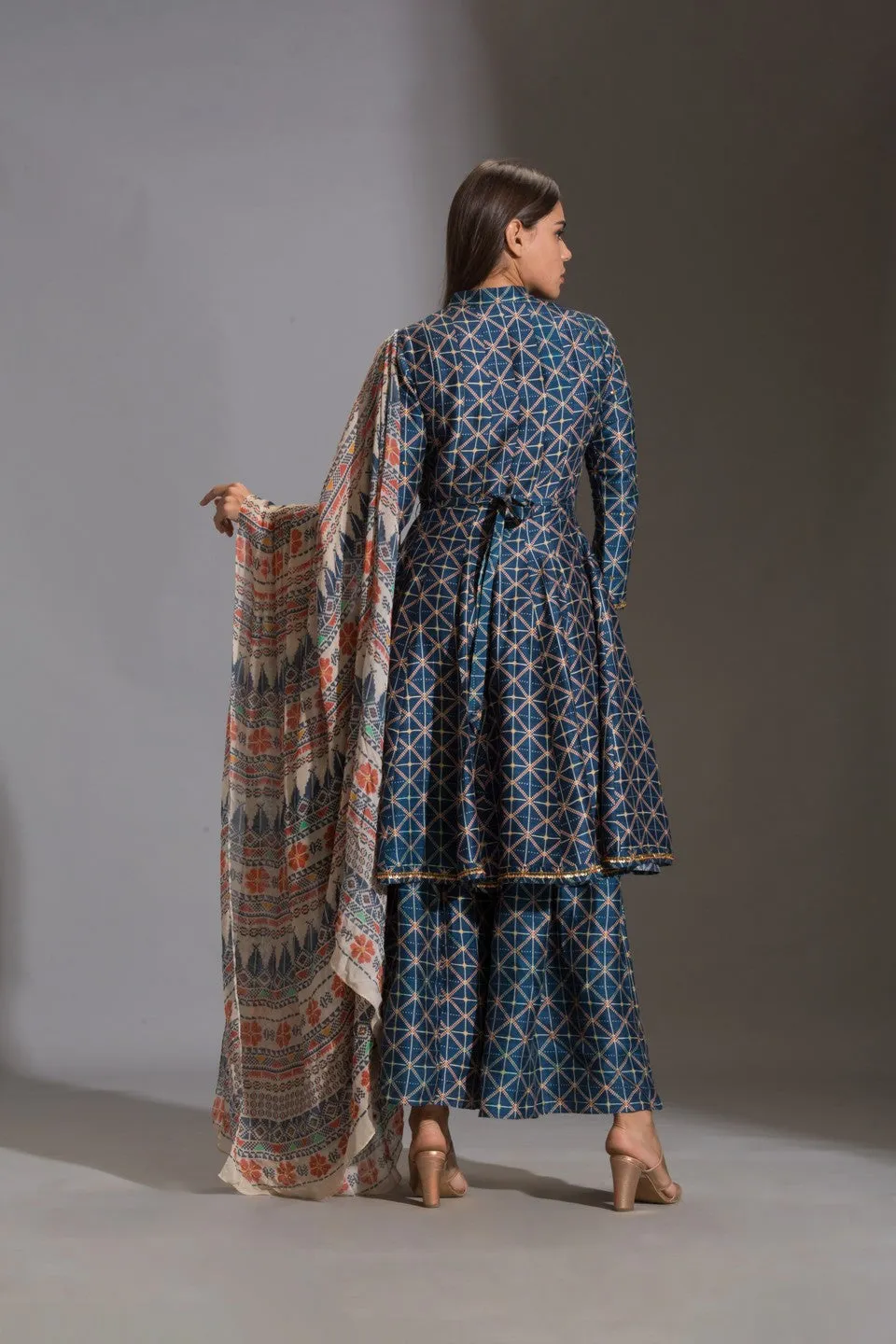 Printed panel anarkali with printed sharara